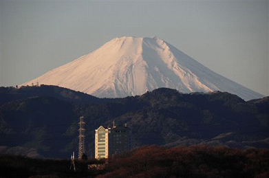 雄大な富士山の懐に抱かれるように本部棟が朝日に輝いています。