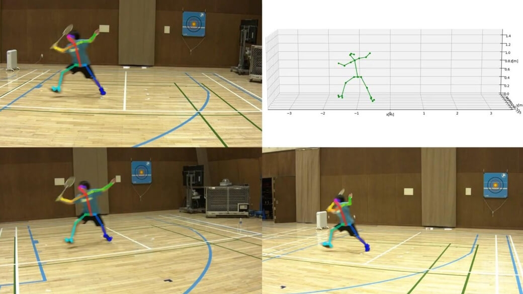 バドミントンをプレーする選手の骨格データをリアルタイムで生成する研究の様子